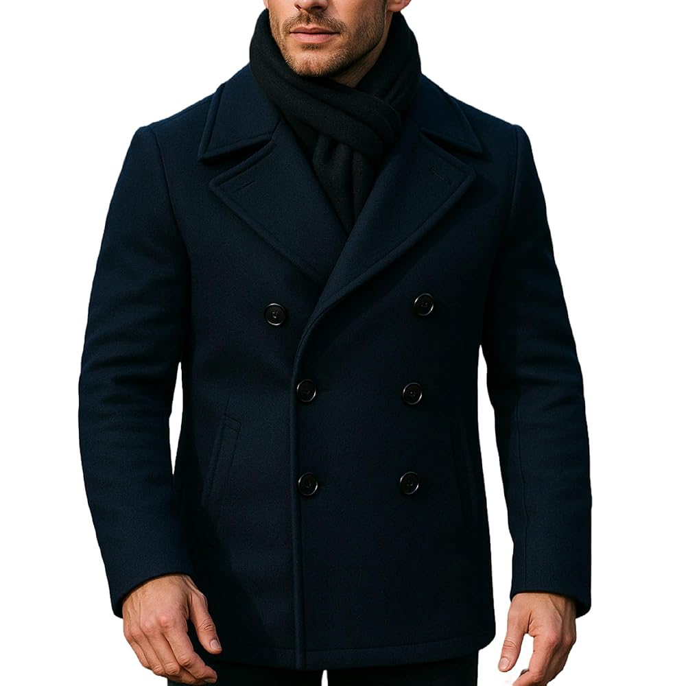 Leather Jacketz Men's Dark Navy Blue Pea Wool Coat - Navy
